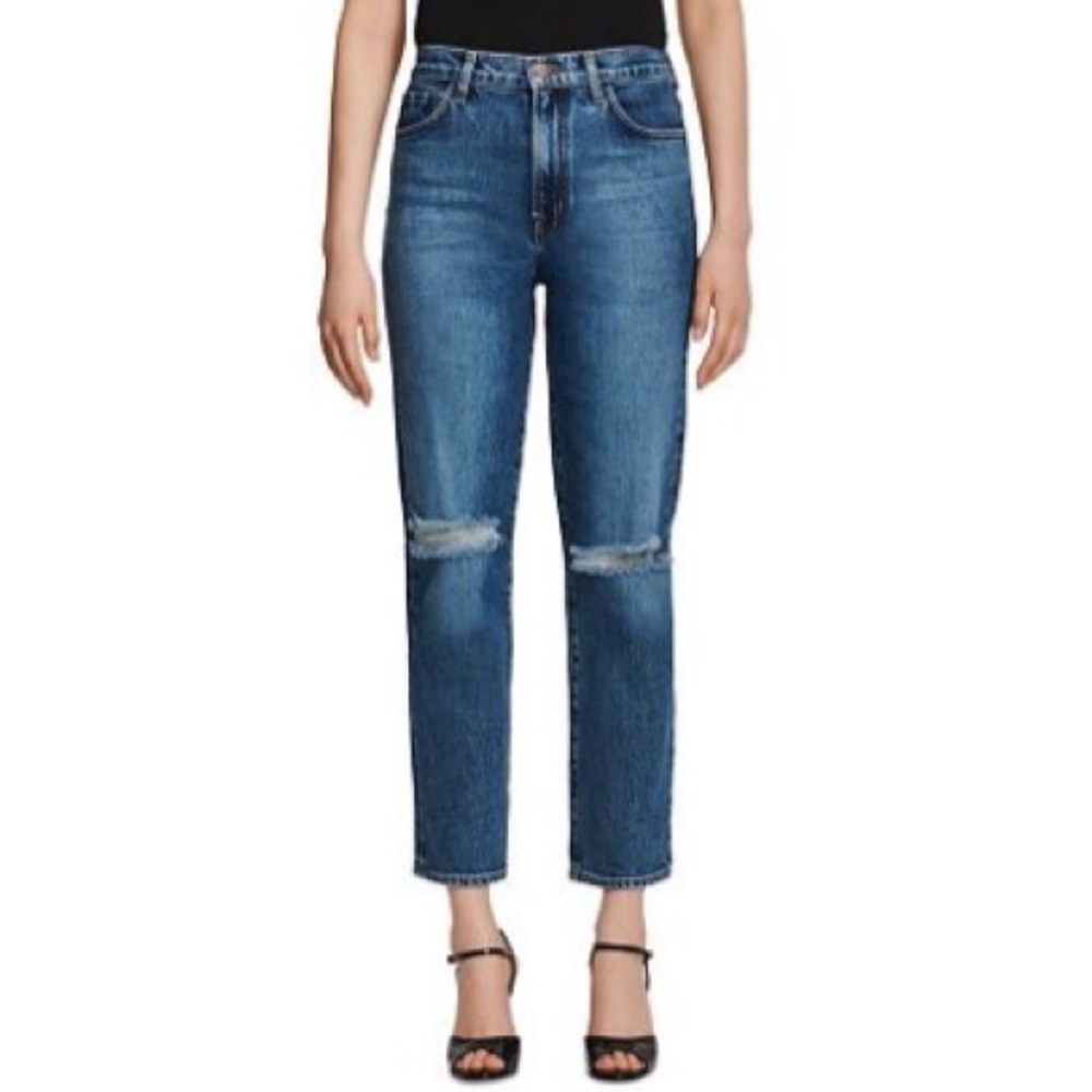 J Brand Jules High Rise straight leg Jeans in‎ Finesse Destruct distressed Blue